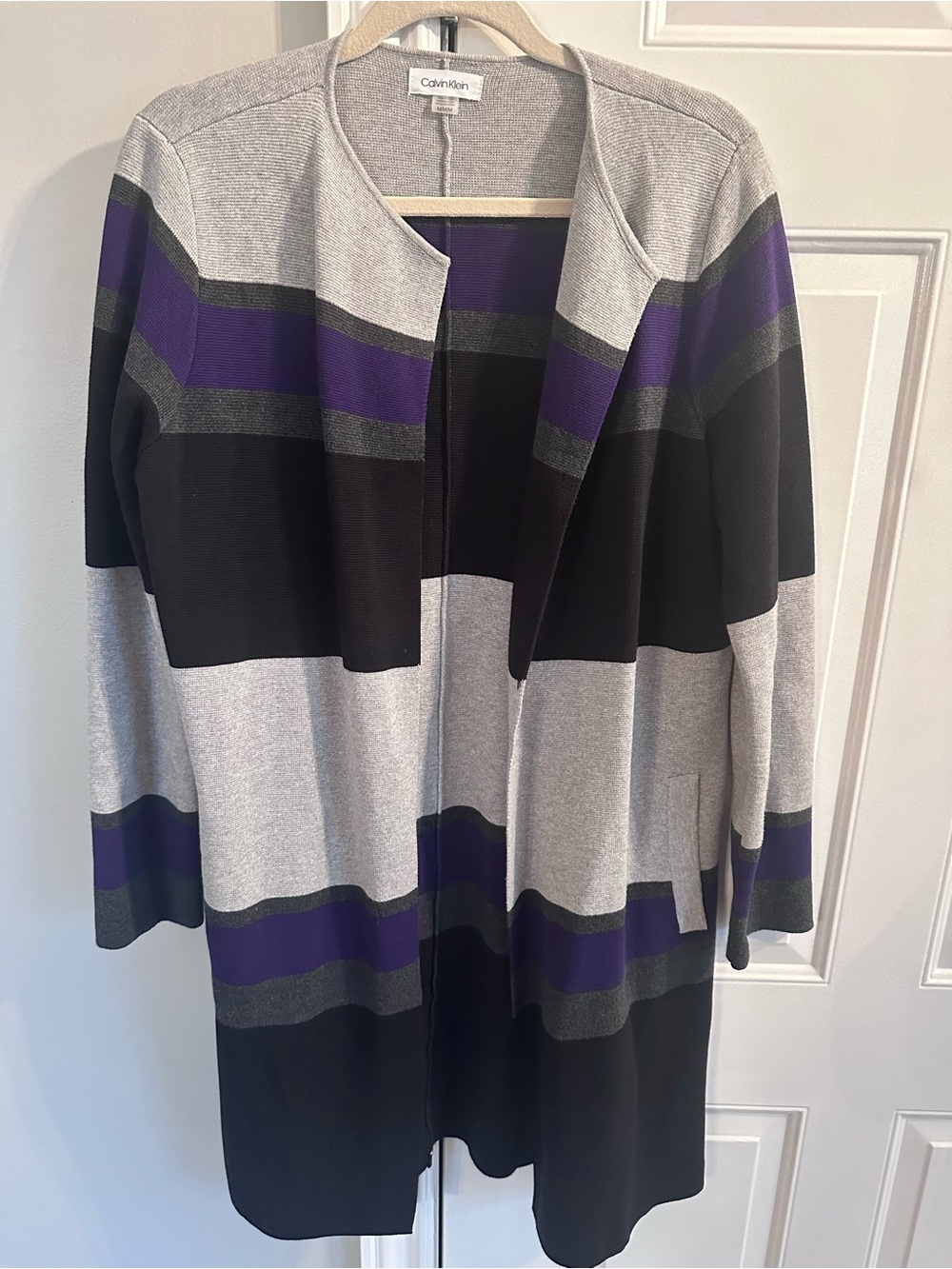 Calvin Klein Black, Gray & Purple Striped Open Cardigan